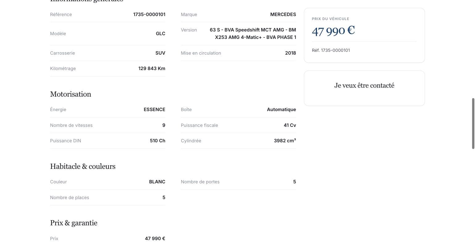 Fiche véhicule et caractéristiques importées depuis le logiciel de gestion