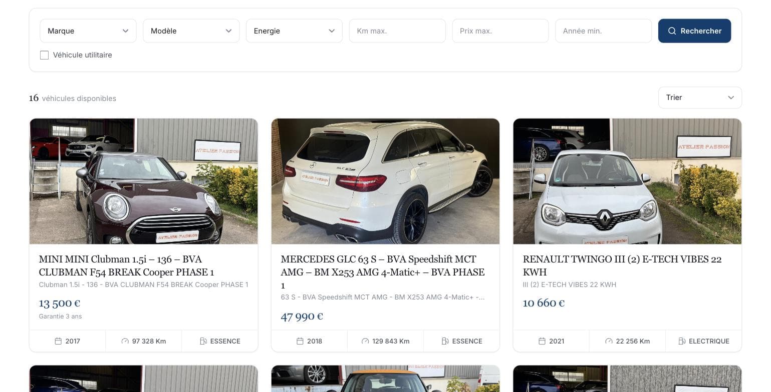 Listing des véhicules et moteur de recherche de la démo AutoWP